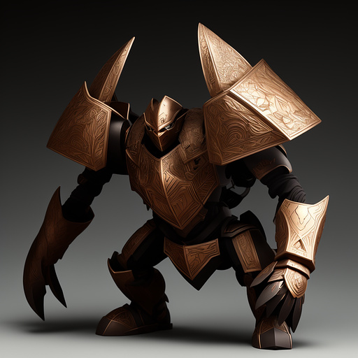 An thin and small sentient clay golem uses wood as an rough armor. the golem doesn't need to see so the armor covers it's entire body.
 it wields a wooden sword. in anime style