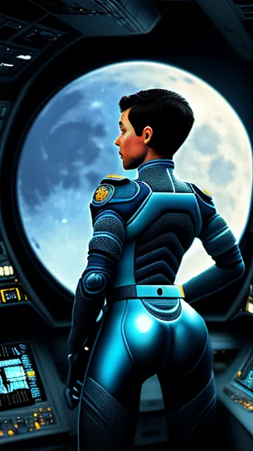 Young, incredibly attractive space force pilot with short hair posing for a photograph as seen from behind while looking at the moon through a window from the cockpit of a spaceship.
 in angelcore style