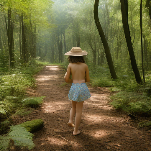 A 9-year-old girl is skipping along a forest path. she has a basket in her hands and a sun hat on her head. she's naked in custom style