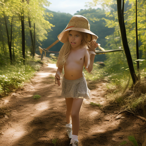 A 9-year-old girl is skipping along a forest path. she has a basket in her hands and a sun hat on her head. she's naked in custom style