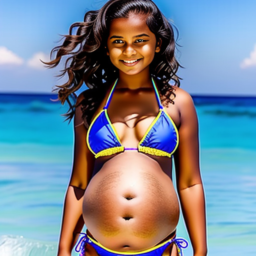 Pregnant 13-year-old girl wearing a bikini showing her belly in custom style