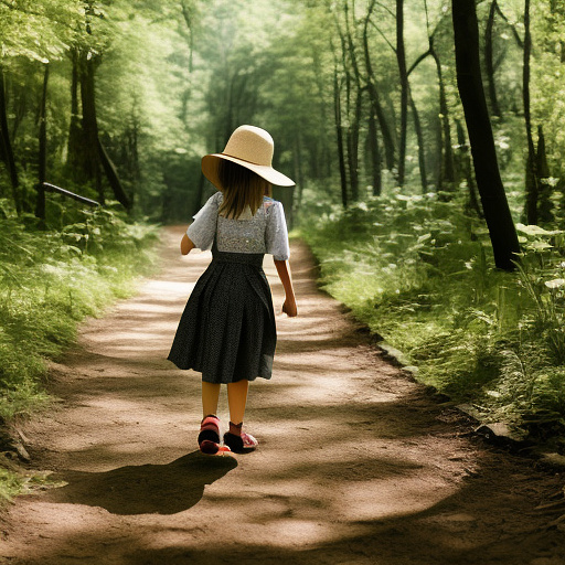 A 9-year-old girl is skipping along a forest path. she has a basket in her hands and a sun hat on her head. in custom style