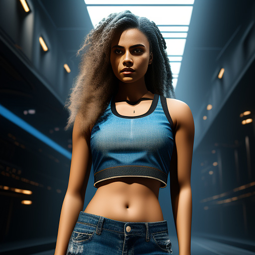 Teenage girl in crop top and jean shorts in sci-fi style