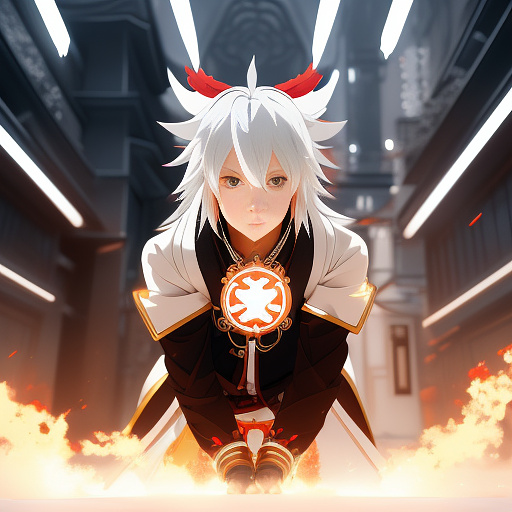Anime- a white haired boy with a ice and gold high tech gun, with a flaming fists, red eyes, wearing black and white clothes of gold and silver ornaments futuristic style in anime style
