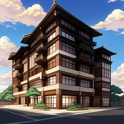 The facade of a 5-story residential building with brick and stone materials in anime style