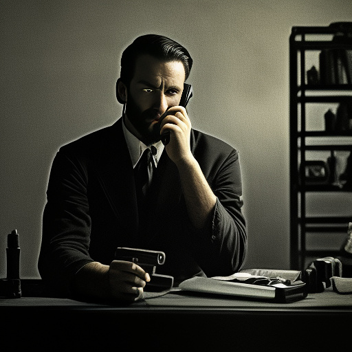 In a dark room, there is a telephone and a gun on the table. a man is sitting on a chair, and he is dead. in custom style