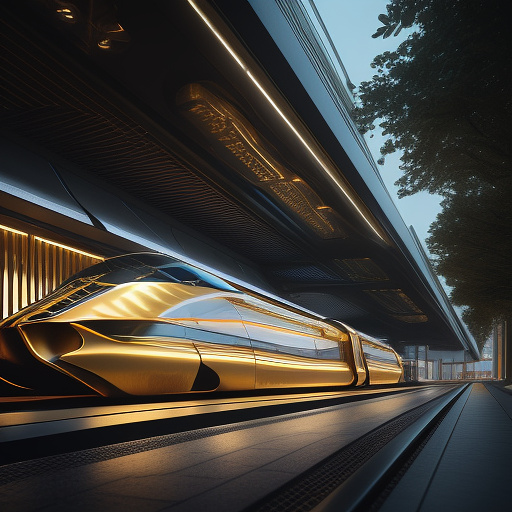 A golden train from the angle of the profile with the method written, hello in design of the future style