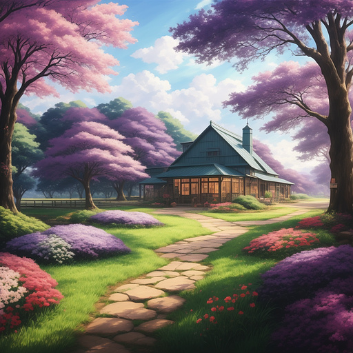 A farm full of purple blocks in anime style
