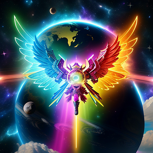 A cheerful transformer flies through space against the backdrop of planets. in angelcore style