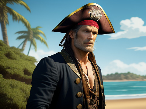 A photorealistic portrait of charlton heston as a pirate in the style of long john silver from the 1990 treasure island film. heston is depicted in a standing position, set against a beach background with treasure chests containing gold and silver coins beside him. he has a smooth face with no facial hair, beard, or mustache, and is dressed in a typical pirate outfit. a sailing ship can be seen in the background. in anime style