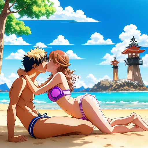A anime woman in a two piece swimsuitc kissing a guy with him on top of her on a beach chair and kissing in anime style
