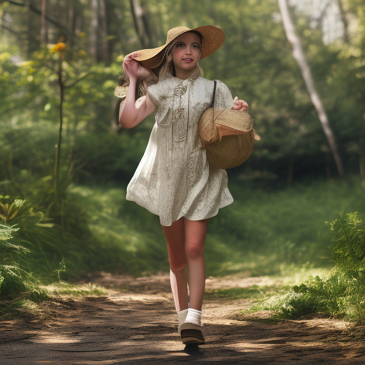 A girl is skipping along a forest path. she has a basket in her hands and a sun hat on her head. in custom style