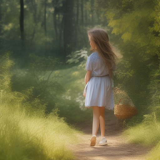 A 9-year-old girl is walking along a forest path. it's evening. she has a basket in her hand. view from behind. in custom style