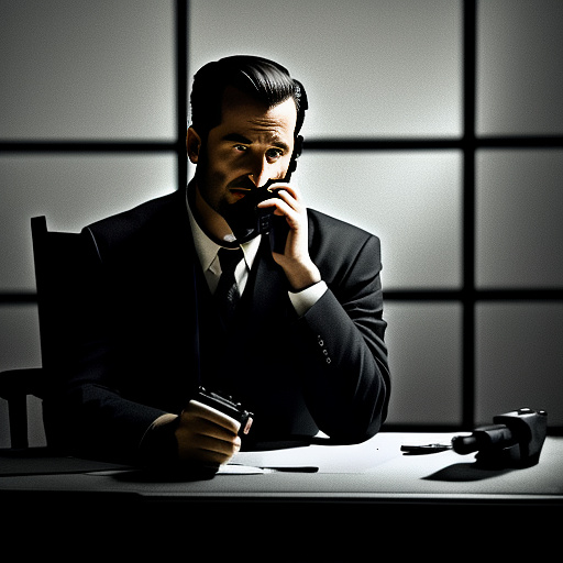 In a dark room, there is a telephone and a gun on the table. a man is sitting on a chair, and he is dead. in custom style