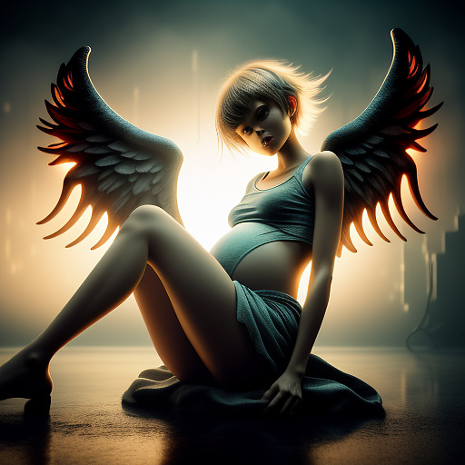 Girl giving birth. legs spread out. pregnant bump. screaming. short tomboy hairstyle.  in angelcore style