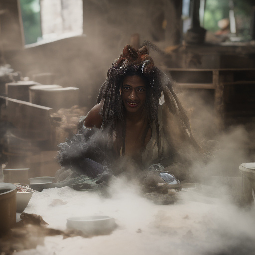A black rastafarian is sitting on a worktable, smiling happily and smoking. the room is smoky. in custom style