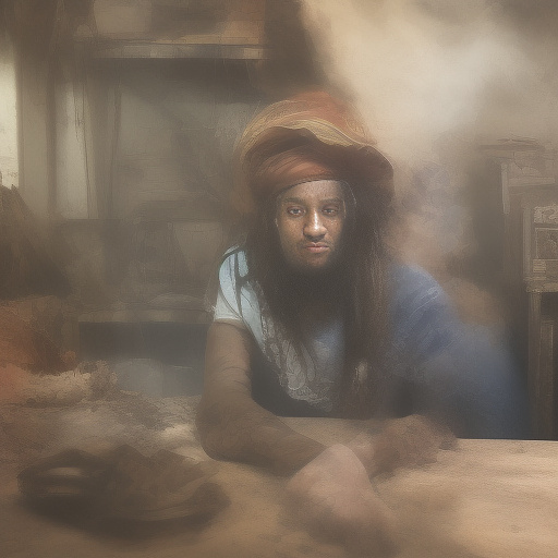 A black rastafarian is sitting on a worktable, smiling happily and smoking. the room is smoky. he's wearing a pink cap. in custom style
