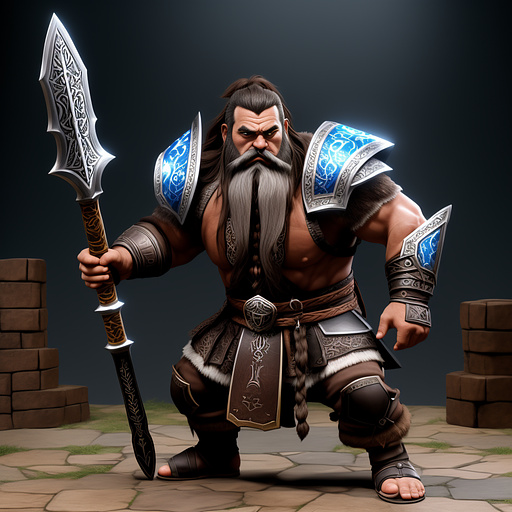 A dwarf barbarian with brown hair, blue eyes, and a long beard. they are wearing leather armor and wielding an axe. they are highly athletic and strong.
 in anime style