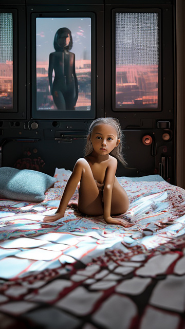 A 7-year-old girl lies naked on a bed and masturbates. in sci-fi style