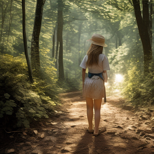 A tired 9-year-old girl is walking along a forest path. it's evening. she has a basket in her hand. she's wearing a panama hat. view from behind. in custom style