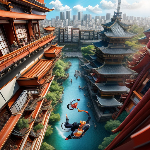 Spider women swinging around the city in anime style