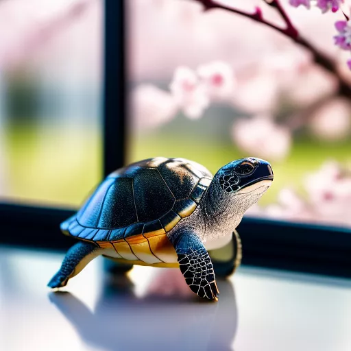 A turtle walks on the window sakura cherry blossom in a vase of water on windowsill in realistic style