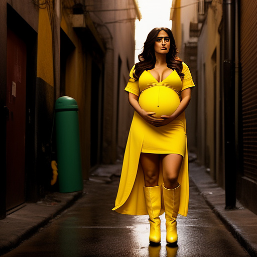 Pregnant, salma hayek, nude, yellow boots, alleyway, screaming in pain, full body,  in custom style