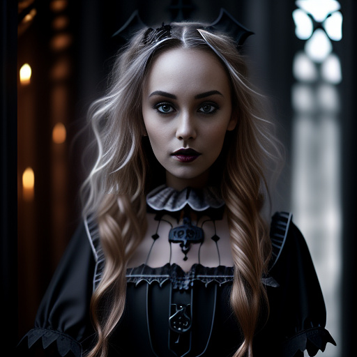 Beautiful princess with tan, blonde wavy hair and light blue eyes
 in gothic style