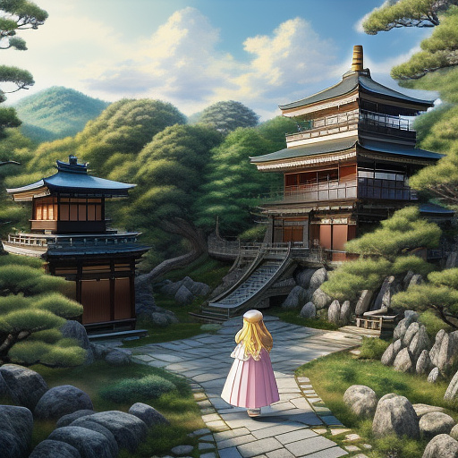A beautiful girl with long blonde hair wearing a princess dress is opening a large door and inviting the viewer with her hand to look at the breathtaking nature. behind the house, there is a vast scene with a stunning view of the sea and forest. the girl looks at the viewer with a gentle gaze. in anime style
