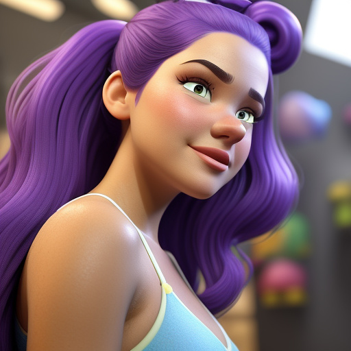 Sponge suds treatment, long purple hair, camo nano mini micro bikini, white high-waist micro v-thong, surprised face, large breasts, breasts apart, girl shower, hair bun, yellow rectangle sponge, soap bubbles, white tile background, areola slip in disney 3d style