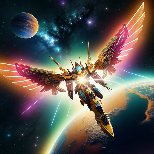 A cheerful transformer flies through space against the backdrop of planets. in angelcore style