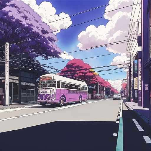 Modern purple buses and cars in the street in anime style