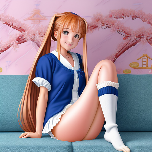 Pipi long stocking sits on the sofa with clothing but without panties sprained legs shows her vagina in anime style