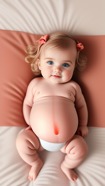 Realistic, detailed, 9-month-old blonde girl, in red peach dress, pregnant, laying in bed, top down full body view, red blush, right hand on belly   in custom style
