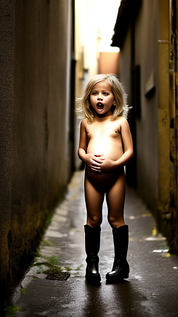 Pregnant, 7-years-old-blonde-girl, nude, alleyway, yellow boots, front view, screaming in pain  in custom style