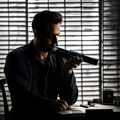 In a dark room, there is a telephone and a gun on the table. a man is sitting on a chair, and he is dead. in custom style