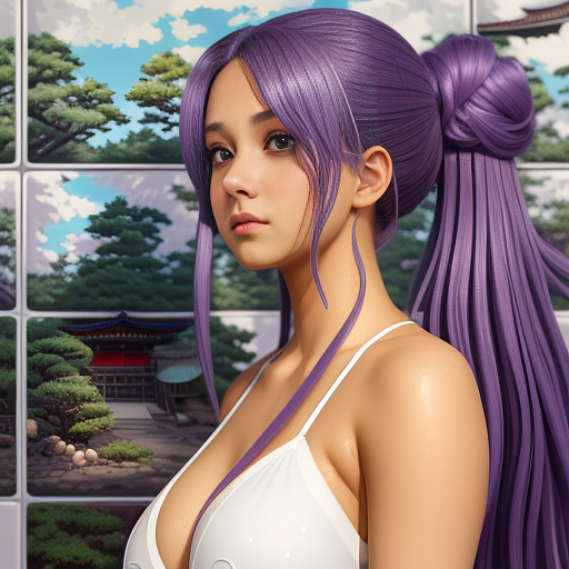 Sponge suds treatment, long purple hair, camo nano mini micro bikini, white high-waist micro v-thong, surprised face, large breasts, breasts apart, girl shower, hair bun, yellow rectangle sponge, soap bubbles, white tile background, areola slip in anime style