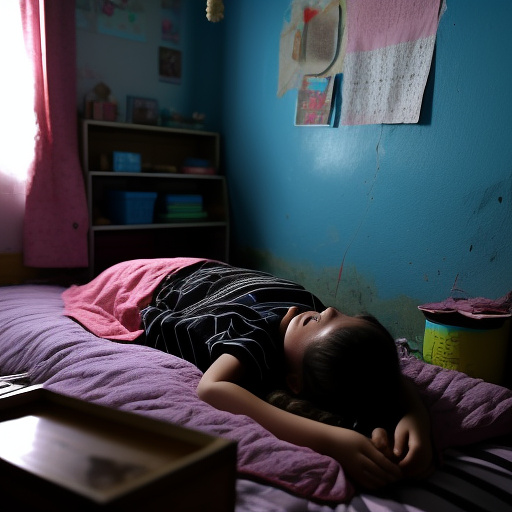 A 13-year-old girl is lying on a bed and crying. the room is dark and messy, the bed is broken. in custom style