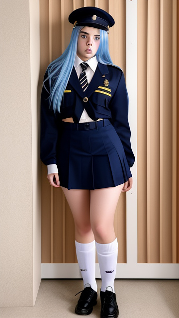 Billie eilish in full school uniform, inluding tighte in custom style