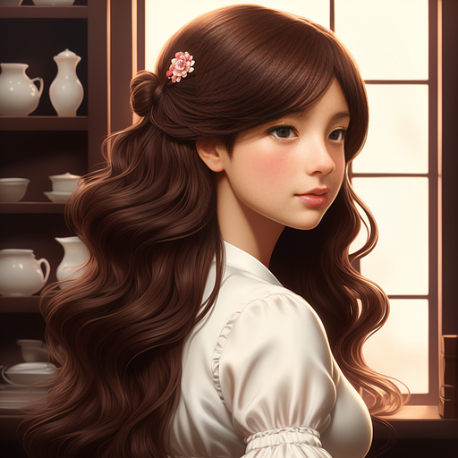 Aged 28, the english woman has a people pleasing personality and curvy body; dark brown colored, bright eyes; long wavy dark chestnut hair; button nose; round face, with blush cheeks, tanned skin; clothing is from 1860s in anime style