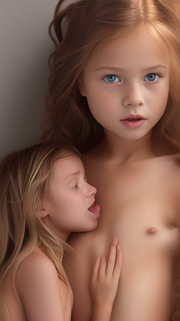 A 9-year-old naked girl is sucking another girl's breast. in custom style