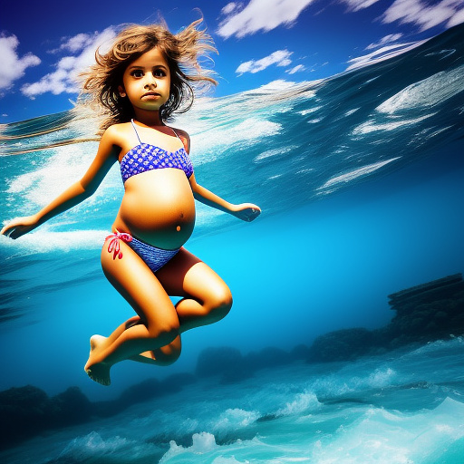 10 year old girl pregnant in a sea through bikini  full body cute in custom style