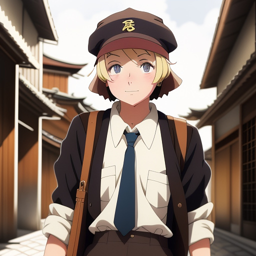 1930s blonde newsboy selling paper while wearing brown cap in anime style