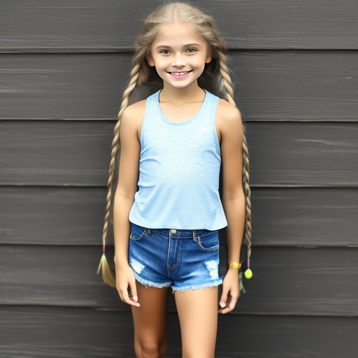 9-year-old american white girl, long blonde hair, smiling, wearing a blue tank top and denim shorts in custom style