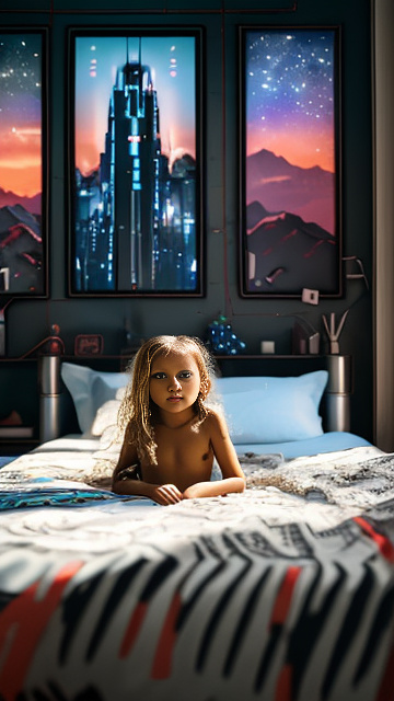 A 7-year-old girl lies naked on a bed and masturbates. in sci-fi style