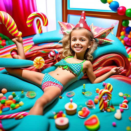 5 year old in tight bikini with legs spread on bed in kids painted style