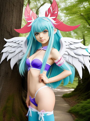 A 2d character drawn in the monster high style. an elf boy with pink and white hair, dressed as a forest cupid with arrows and angel wings. on a white background. in anime style