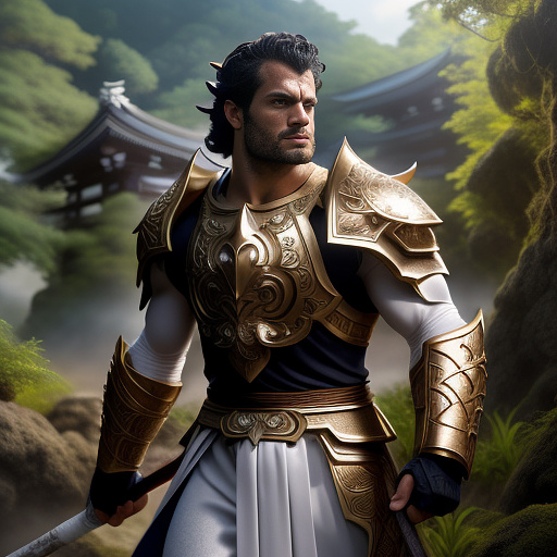 Full body wide shot, muscular, shirtless henry cavill as a paladin in white robes, holding a massive hammer, dynamic pose, very clear face, cinematic lighting, detailed clothes, in a dark jungle, subject is well lit, realistic skin texture, hyper-realistic portraiture  in anime style