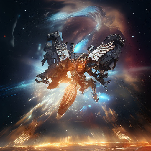 A cheerful transformer flies through space against the backdrop of planets. in angelcore style