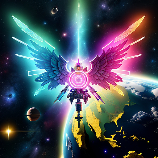 A cheerful transformer flies through space against the backdrop of planets. in angelcore style